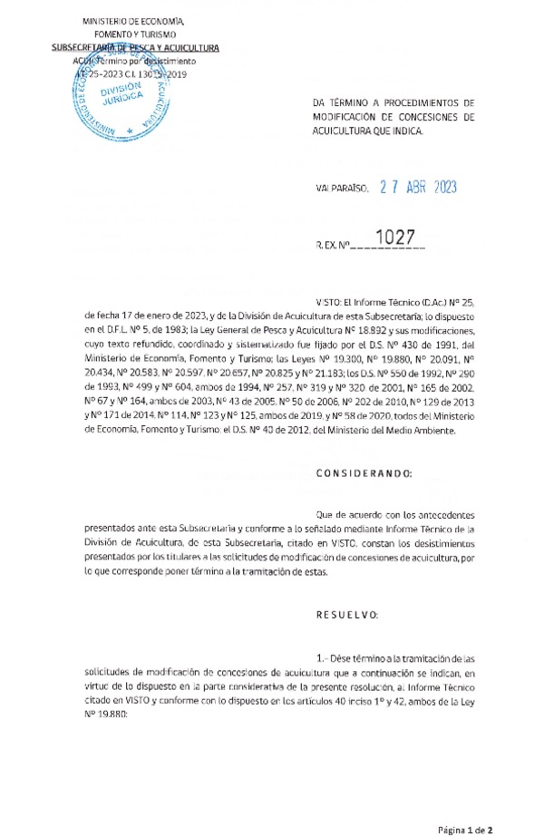 Res. Ex. N° 1027-2023 Da término a procedimientos de modificación de concesiones de acuicultura que indica.