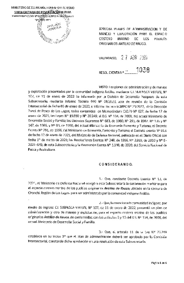 Res. Ex. N° 1038-2023 Aprueba plan de administración de ECMPO, Antilko de Rauco, Región de Los lagos. (Publicado en Página Web 28-04-2023)