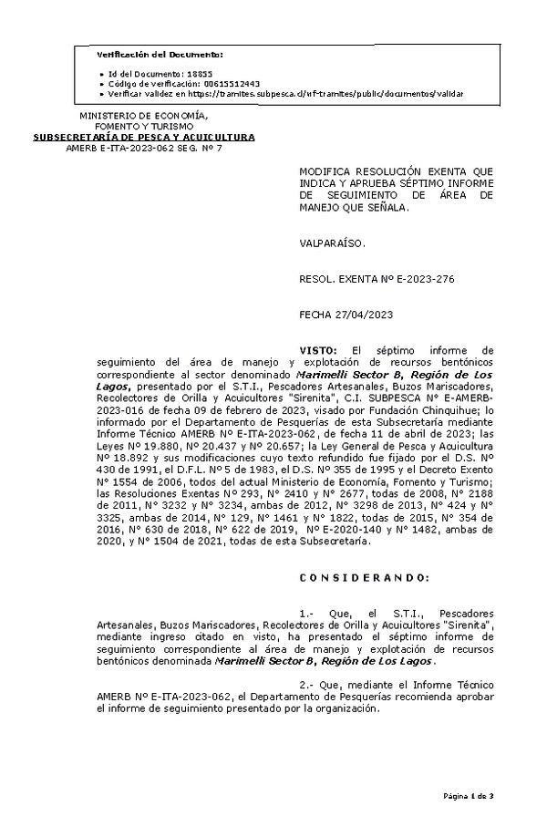 RESOL. EXENTA Nº E-2023-276 Modifica resolución que indica, Aprueba 7° Seguimiento. (Publicado en Página Web 02-05-2023)