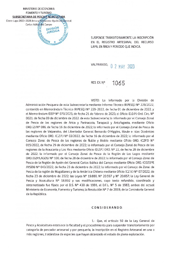 Res. Ex Nº 1065-2023 Suspende Transitoriamente la Inscripción en el Registro Artesanal del Recurso Lapa, Regiones de Arica y Parinacota hasta Aysén, del General Carlos Ibáñez del Campo. (Publicado en Página Web 04-05-2023)