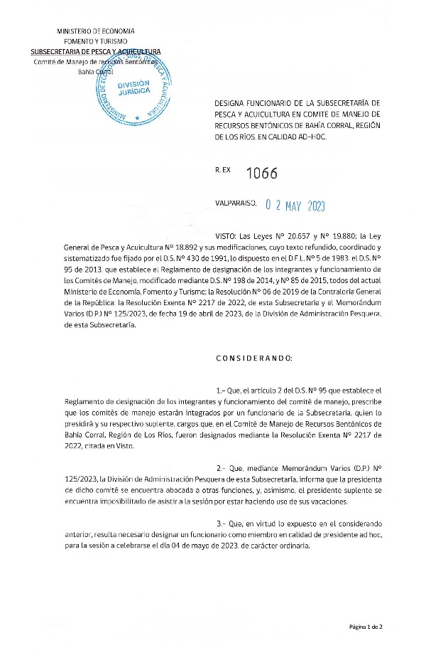 Res. Ex. N° 1066-2023 Designa Funcionario de la Subsecretaría de Pesca y Acuicultura en Comité de Manejo de Recursos Bentónicos de Bahía Corral, Región de Los Ríos, en calidad Ad-Hoc. (Publicado en Página Web 04-05-2023)