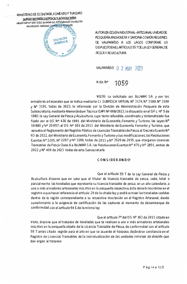 Res. Ex N° 1059-2023, Autoriza cesión unidad de Pesquería Anchoveta y Sardina Común Regiones de Valparaíso a Los Lagos. (Publicado en Página Web 04-05-2023)