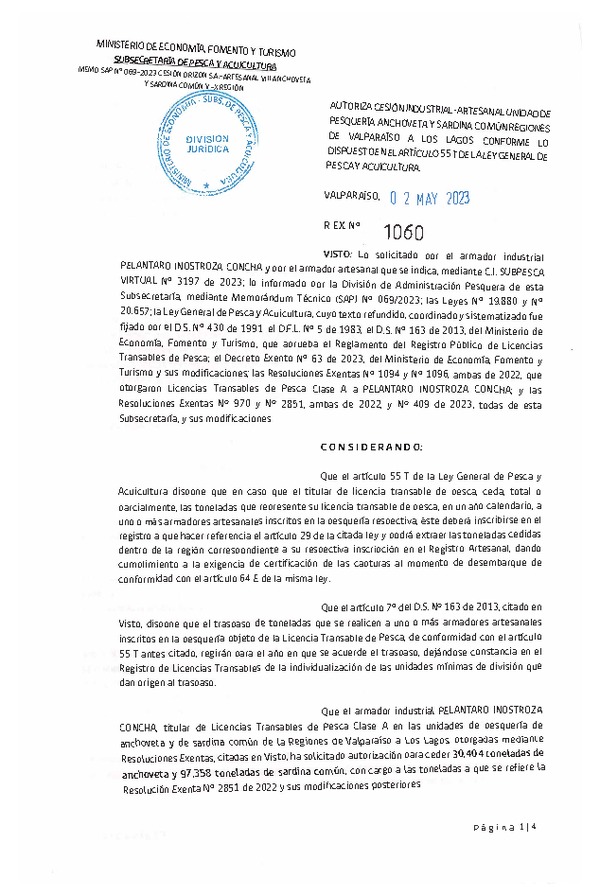 Res. Ex N° 1060-2023, Autoriza cesión unidad de Pesquería Anchoveta y Sardina Común Regiones de Valparaíso a Los Lagos. (Publicado en Página Web 04-05-2023)