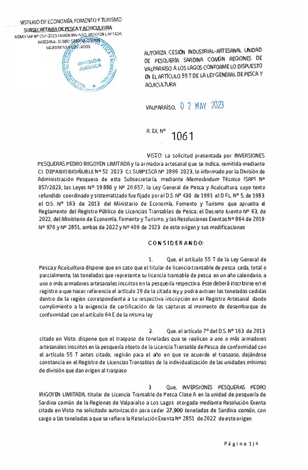 Res. Ex N° 1061-2023, Autoriza cesión unidad de Pesquería Anchoveta y Sardina Común Regiones de Valparaíso a Los Lagos. (Publicado en Página Web 04-05-2023)