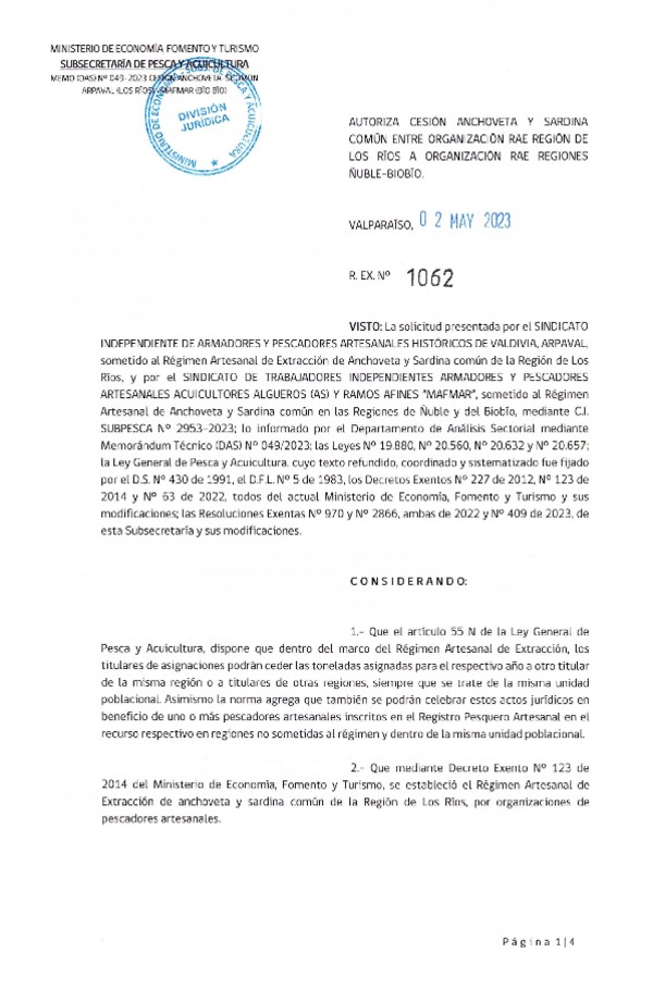 Res. Ex N° 1062-2023, Autoriza cesión Anchoveta y Sardina Común Región de Los Ríos al Ñuble-Biobío. (Publicado en Página Web 04-05-2023).