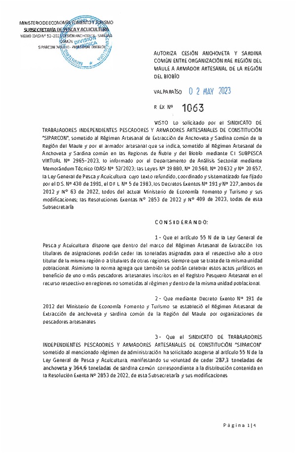 Res. Ex N° 1063-2023, Autoriza cesión Anchoveta y Sardina Común Región del Maule a Ñuble-Biobío. (Publicado en Página Web 04-05-2023).