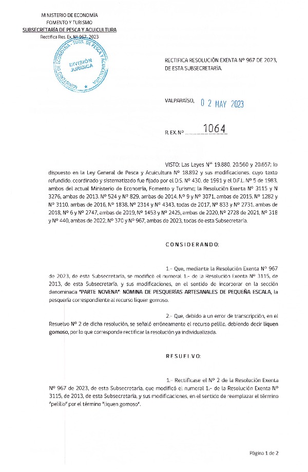 Res. Ex. N° 1064-2023 Rectifica Res. Ex. N° 0967-2023 Modifica Res. Ex. N° 3115-2013, de esta Subsecretaría. (Publicado en Página Web 04-05-2023)