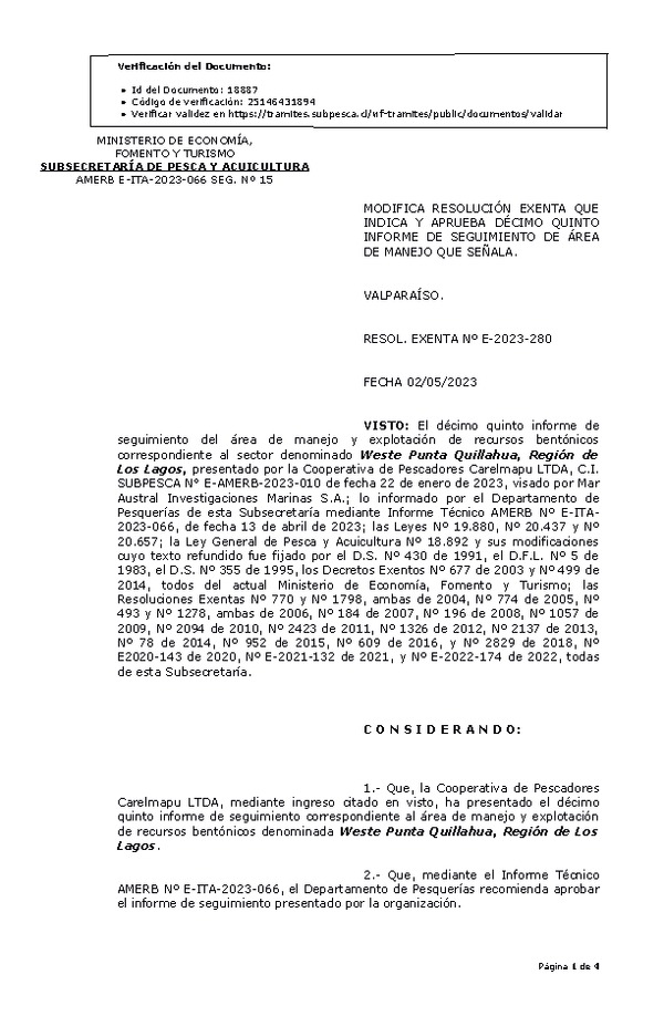 RESOL. EXENTA N° E-2023-280 Modifica resolución que indica, Aprueba 15° seguimiento. (Publicado en Página Web 04-05-2023)