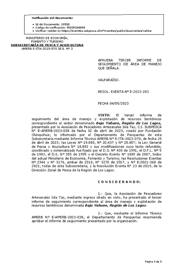 RESOL. EXENTA N° E-2023-283 Aprueba 3° seguimiento. (Publicado en Página Web 04-05-2023)