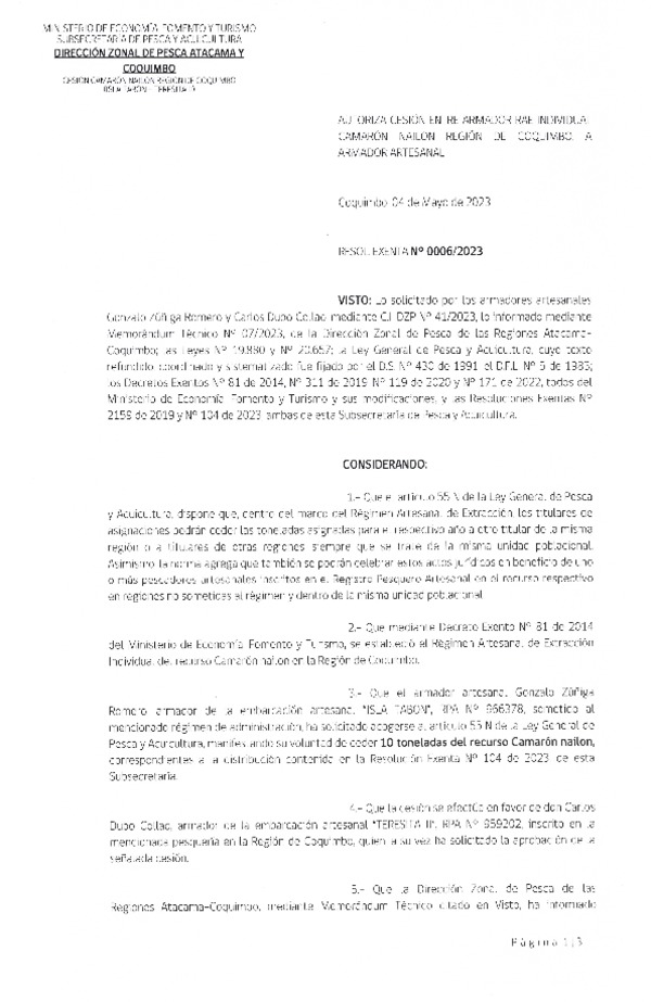 Res. Ex. N° 0006-2023 (DZP Atacama y Coquimbo) Autoriza cesión Camarón nailon, Región de Coquimbo. (Publicado en Página Web 05-05-2023)