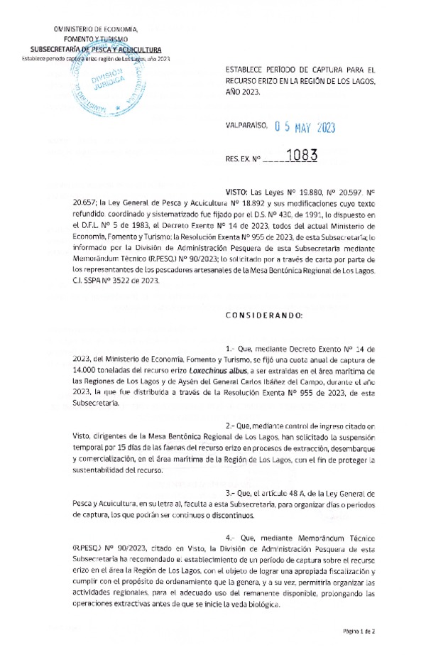 Res. Ex. N° 1083-2023 Establece Período de Captura Para el Recurso Erizo, en la Región de Los Lagos, Año 2023. (Publicado en Página Web 05-05-2023)