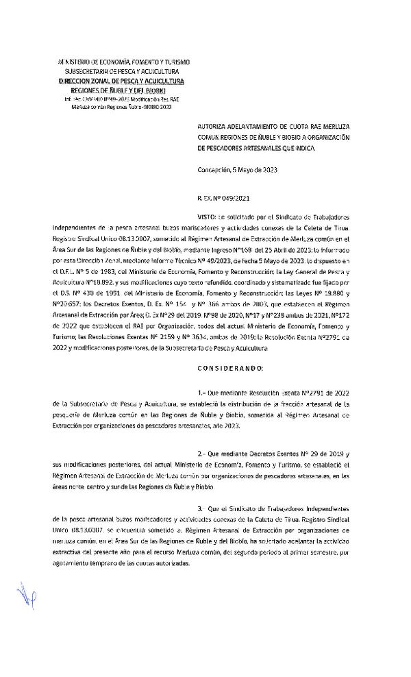 Res. Ex. N° 049-2023 (DZP Ñuble-Biobío) Autoriza Adelantamiento de Cuota RAE Merluza Común, Regiones de Ñuble y Biobío. (Publicado en Página Web 05-05-2023)