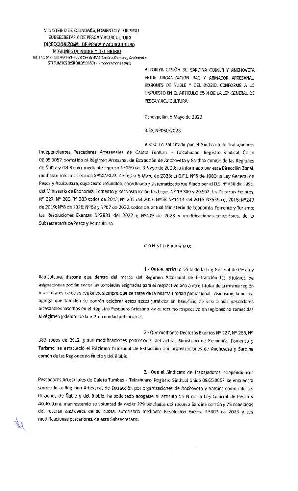 Res. Ex. N° 050-2023 (DZP Ñuble y del Biobío) Autoriza cesión Sardina común y Anchoveta. (Publicado en Página Web 05-05-2023)