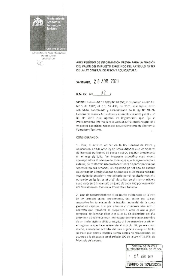 R.M. EX. N° 02-2023 Abre período de información previa para la fijación Del valor del impuesto específico del artículo 43 ter De la ley general de pesca y acuicultura. (Publicado en Página Web 05-05-2023)