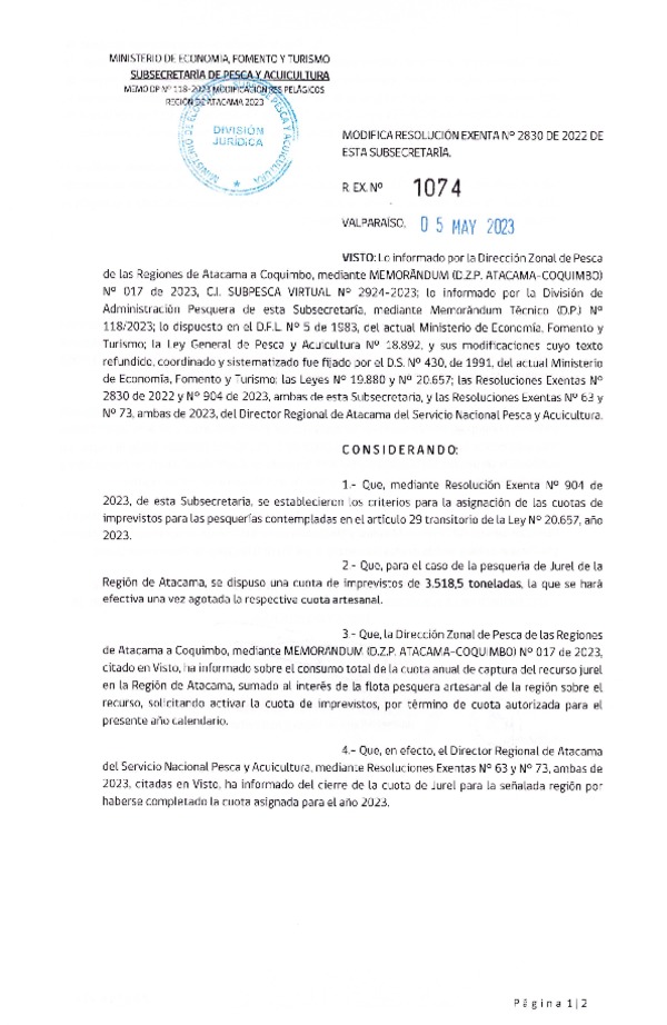 Res. Ex. N° 1074-2023 Modifica 	Res. Ex. N° 2830-2022 Establece Distribución de las Fracciones Artesanales de Jurel por Región, Año 2023. (Publicado en Página Web 08-05-2023)