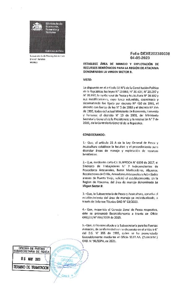 Dec. Ex. Folio N° 202300038 Establece Área de Manejo La Virgen Sector B, Región de Atacama. (Publicado en Página Web  08-05-2023)