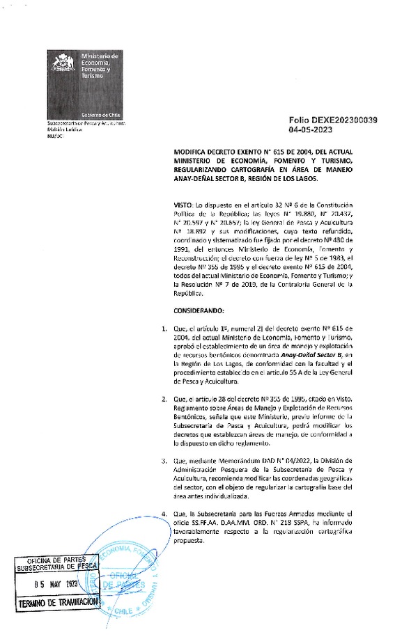 Dec. Ex. Folio N° 202300039 Modifica Dec. Ex. N° 615-2004 Regularizando Cartografía Anay-Deñal Sector B, Región de Los Lagos. (Publicado en Página Web 08-05-2023)