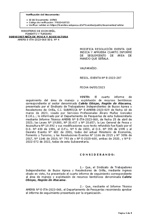 Res. Ex. Nº E-2023-287 Modifica Resolución que indica, Aprueba cuarto Seguimiento. (Publicado en Página Web 08-05-2023).