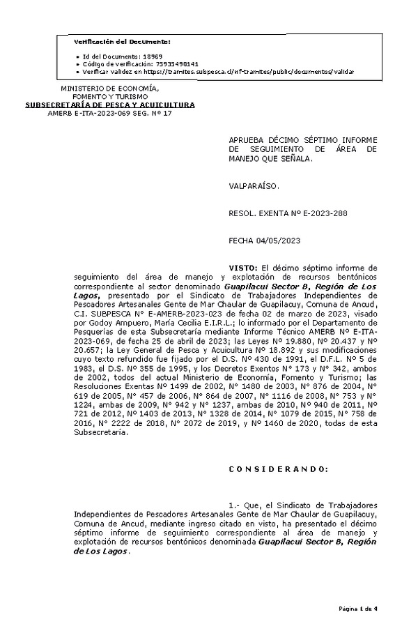 Res. Ex. Nº E-2023-288 Aprueba Décimo séptimo seguimiento. (Publicado en Página Web 08-05-2023).