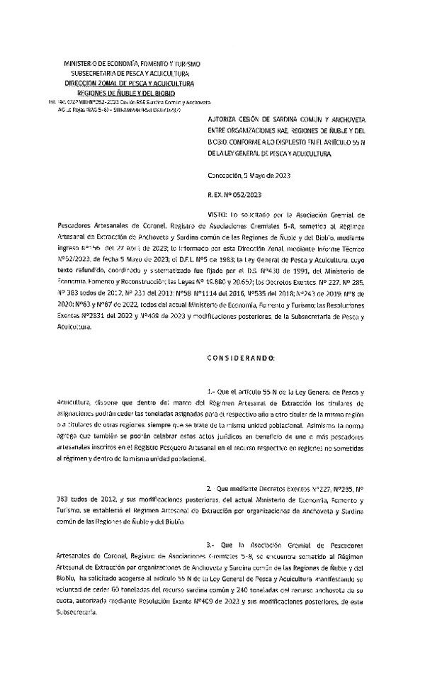 Res. Ex. N° 052-2023 (DZP Ñuble y del Biobío) Autoriza cesión Sardina común y Anchoveta. (Publicado en Página Web 08-05-2023)