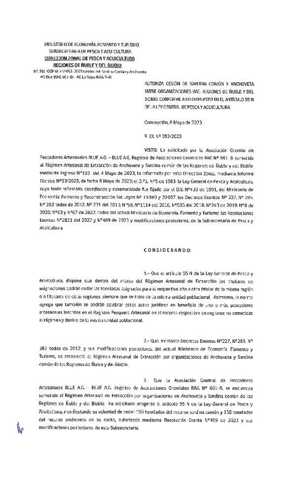 Res. Ex. N° 053-2023 (DZP Ñuble y del Biobío) Autoriza cesión Sardina común y Anchoveta. (Publicado en Página Web 08-05-2023)