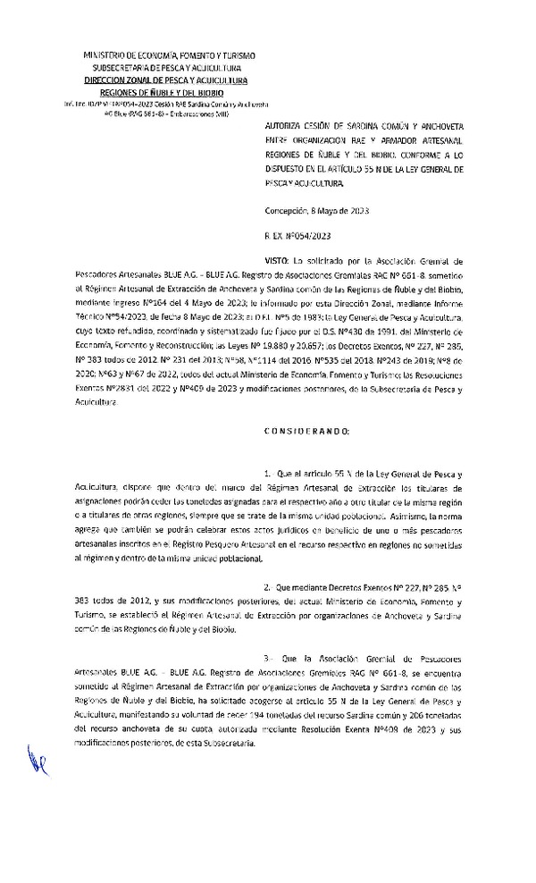 Res. Ex. N° 054-2023 (DZP Ñuble y del Biobío) Autoriza cesión Sardina común y Anchoveta. (Publicado en Página Web 08-05-2023)