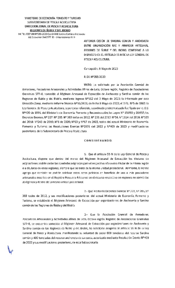 Res. Ex. N° 055-2023 (DZP Ñuble y del Biobío) Autoriza cesión Sardina común y Anchoveta. (Publicado en Página Web 08-05-2023)