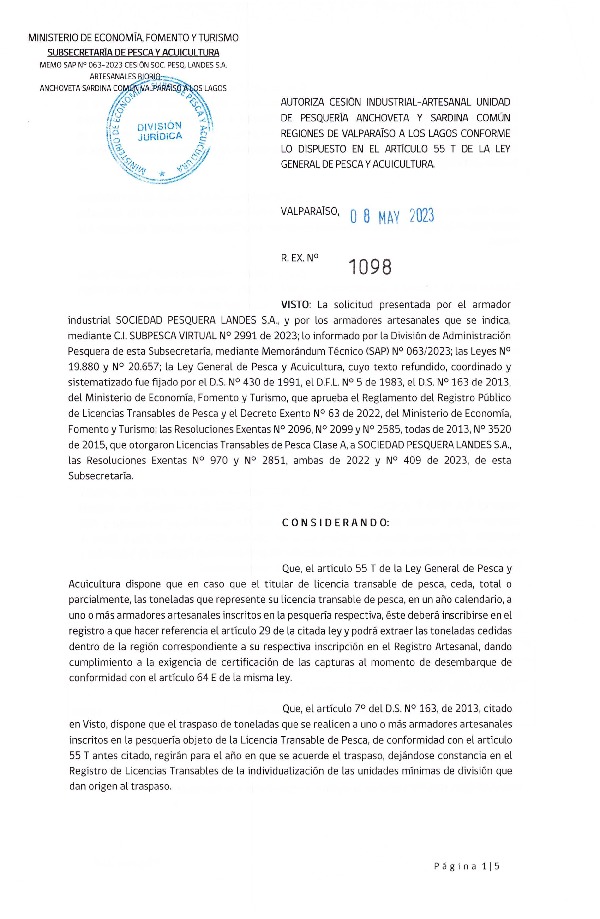 Res. Ex N° 1098-2023, Autoriza cesión unidad de Pesquería Anchoveta y Sardina Común Regiones de Valparaíso a Los Lagos. (Publicado en Página Web 09-05-2023)