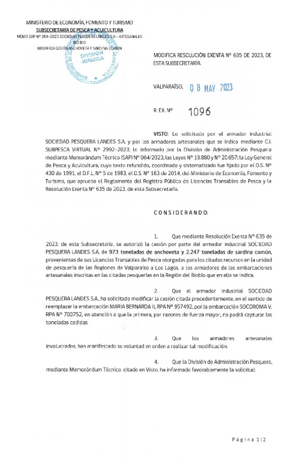 Res. Ex. N° 1096-2023 Modifica 	Res. Ex N° 0635-2023, Autoriza Cesión Anchoveta y Sardina Común Regiones de Valparaíso de Los Lagos. (Publicado en Página Web 09-05-2023)