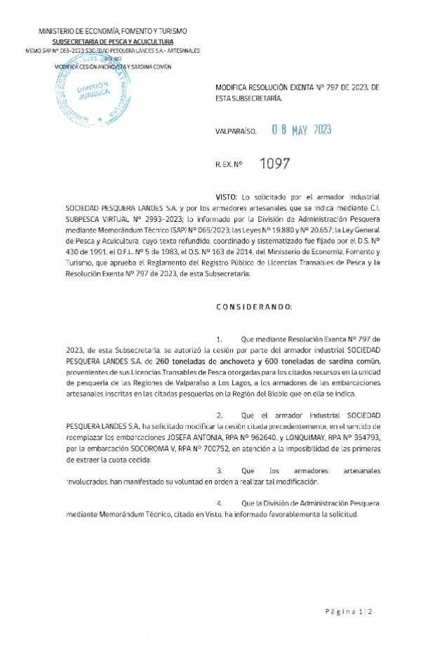 Res. Ex. N° 1097-2023 Modifica Res. Ex N° 0797-2023, Autoriza Cesión Anchoveta y Sardina Común Regiones de Valparaíso de Los Lagos. (Publicado en Página Web 09-05-2023)