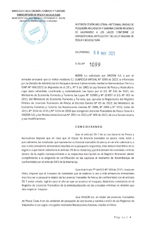 Res. Ex N° 1099-2023, Autoriza Cesión Anchoveta y Sardina Común Regiones de Valparaíso de Los Lagos. (Publicado en Página Web 09-05-2023)