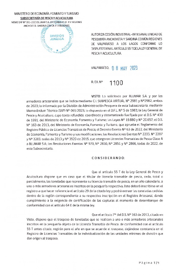 Res. Ex N° 1100-2023, Autoriza Cesión Anchoveta y Sardina Común Regiones de Valparaíso de Los Lagos. (Publicado en Página Web 09-05-2023)