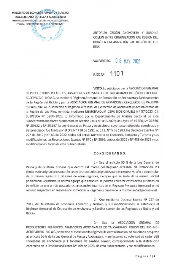 Res. Ex N° 1101-2023, Autoriza cesión Anchoveta y Sardina Común Región del Biobío a Los Ríos. (Publicado en Página Web 09-05-2023).