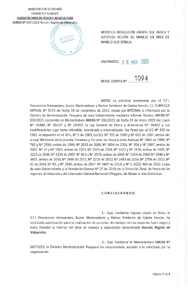 Res. Ex. N° 1094-2023 Modifica Resolución que indica, Autoriza acción de manejo que señala. (Publicado en Página Web 09-05-2023)