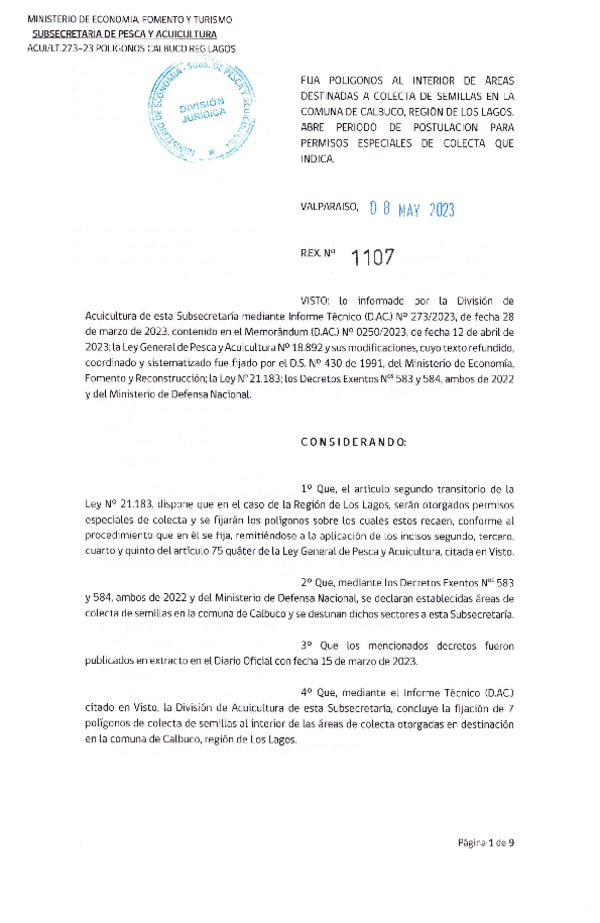 Res. Ex. N° 1107-2023 Fija Polígonos al Interior de Área Destinadas a Colecta de Semillas en la Comuna de Calbuco, Región de Los Lagos, Abre Período de Postulación para Permisos Especiales de Colecta que Indica. (Publicado en Página Web 09-05-2023)