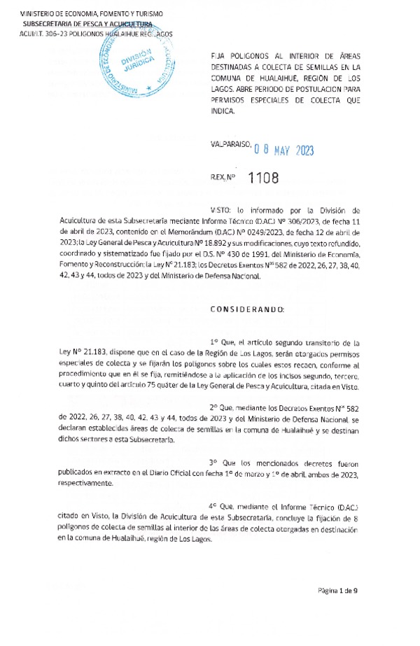 Res. Ex. N° 1108-2023 Fija Polígonos al Interior de Área Destinadas a Colecta en la Comuna de Hualaihué, Región de Los Lagos, Abre Período de Postulación para Permisos Especiales de Colecta que Indica. (Publicado en Página Web 09-05-2023)