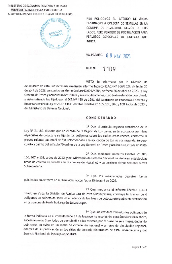 Res. Ex. N° 1109-2023 Fija Polígonos al Interior de Área Destinadas a Colecta en la Comuna de Hualaihué, Región de Los Lagos, Abre Período de Postulación para Permisos Especiales de Colecta que Indica. (Publicado en Página Web 09-05-2023)