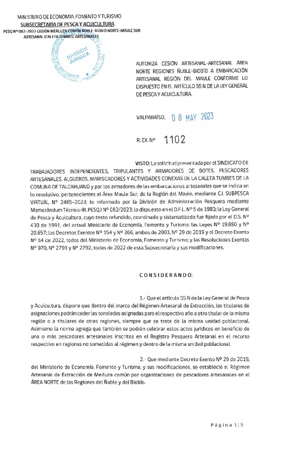 Res. Ex. N° 1102-2023 Autoriza Cesión de Merluza común, Región del Ñuble-Biobío a Región del Maule. (Publicado en Página Web 09-05-2023)
