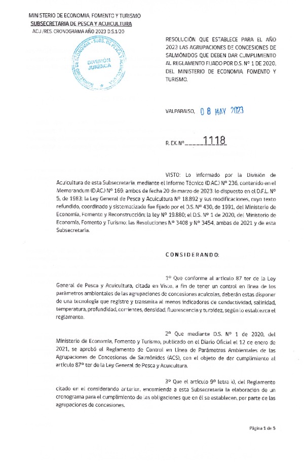 Res. Ex. N° 1118-2023 Establece para el Año 2023 Las Agrupaciones de Concesiones de Salmónidos que deben dar Cumplimiento al Reglamento Fijado por D.S. N° 1 de 2020. (Publicado en Página Web 09-05-2023)