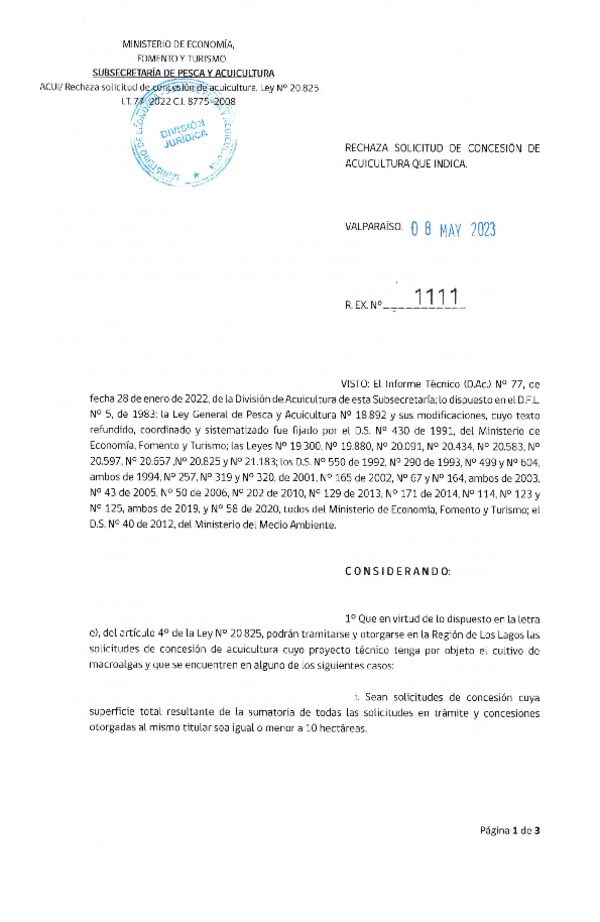 Res. Ex. N° 1111-2023 Rechaza solicitud de concesión de acuicultura que indica.