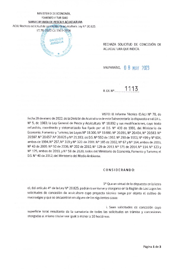 Res. Ex. N° 1113-2023 Rechaza solicitud de concesión de acuicultura que indica.