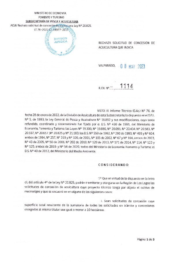 Res. Ex. N° 1114-2023 Rechaza solicitud de concesión de acuicultura que indica.