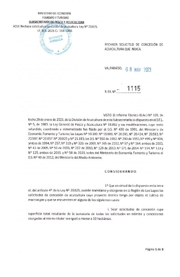 Res. Ex. N° 1115-2023 Rechaza solicitud de concesión de acuicultura que indica.