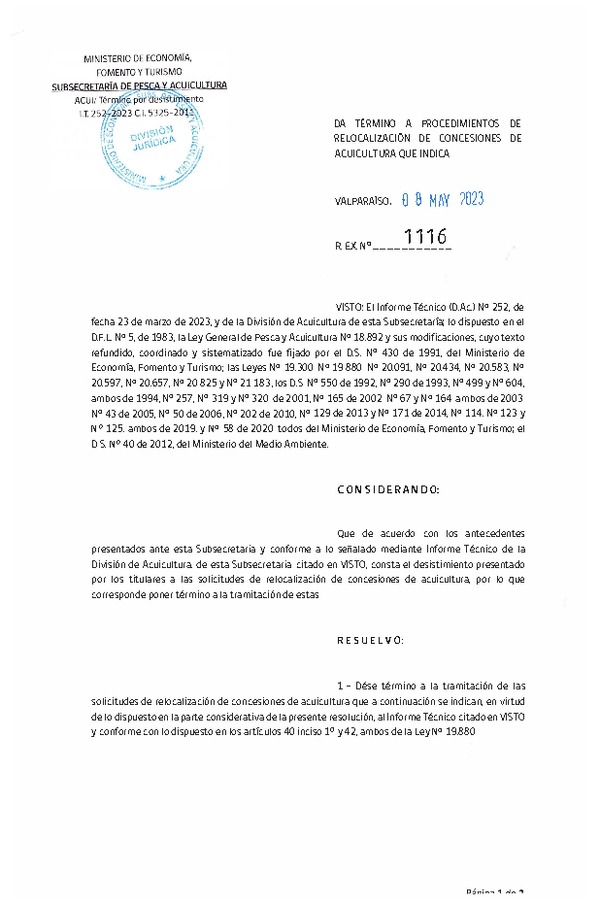 Res. Ex. N° 1116-2023 Da término a procedimientos de relocalización de concesiones de acuicultura que indica.