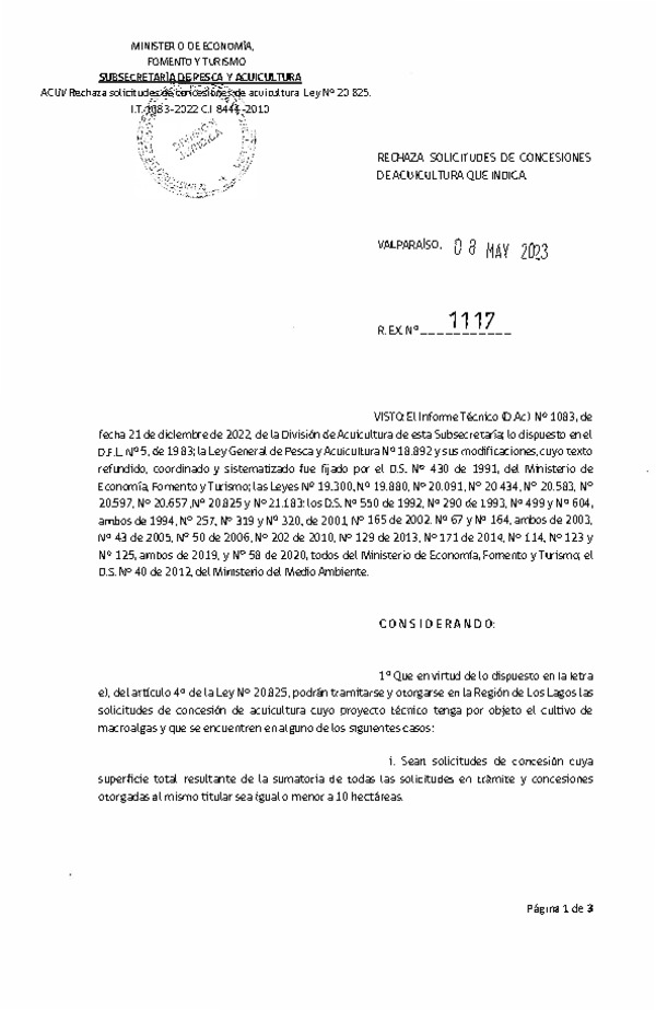 Res. Ex. N° 1117-2023 Rechaza solicitudes de concesiones de acuicultura que indica.