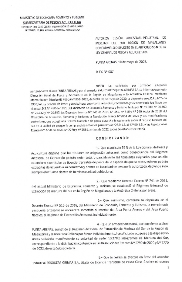 Res. Ex. N° 007-2023 (DZP Región de Magallanes) Autoriza cesión Merluza del Sur. (Publicado en Página Web 10-05-2023)