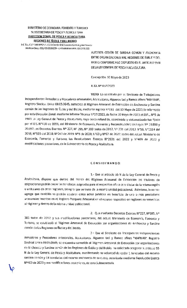 Res. Ex. N° 057-2023 (DZP Ñuble y del Biobío) Autoriza cesión Sardina común y Anchoveta. (Publicado en Página Web 11-05-2023)