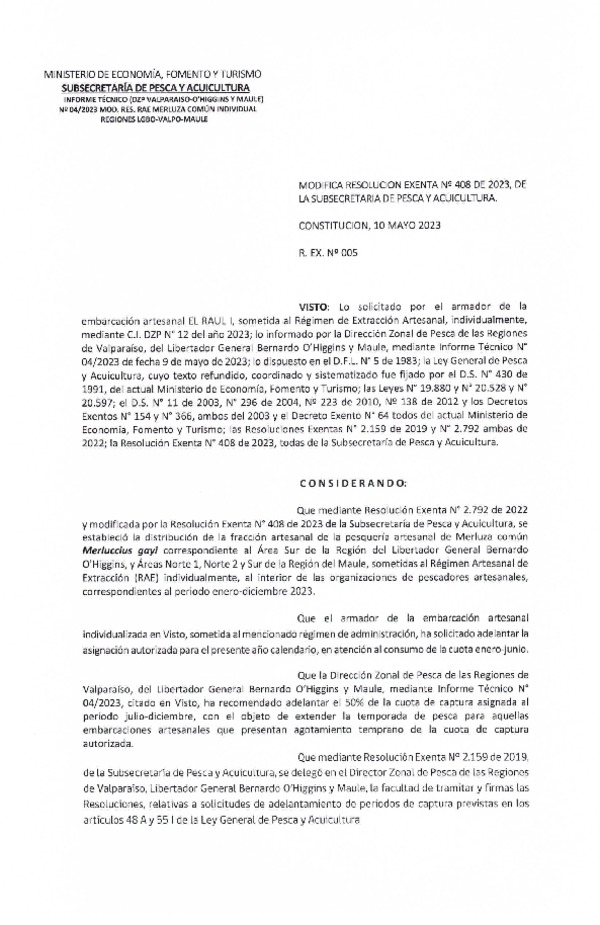 Res. Ex. N° 005-2023 (DZP Valparaíso-O'Higgins-Maule) Modifica Res. Ex. N° 408-2023 RAE Merluza común individual. (Publicado en Página Web 12-05-2023)