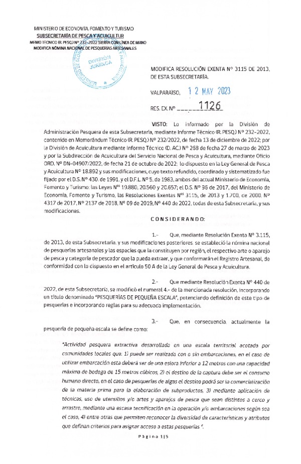 Res. Ex. N° 1126-2023 Modifica Res. Ex. N° 3115-2013, de esta Subsecretaría. (Publicado en Página Web 12-05-2023)