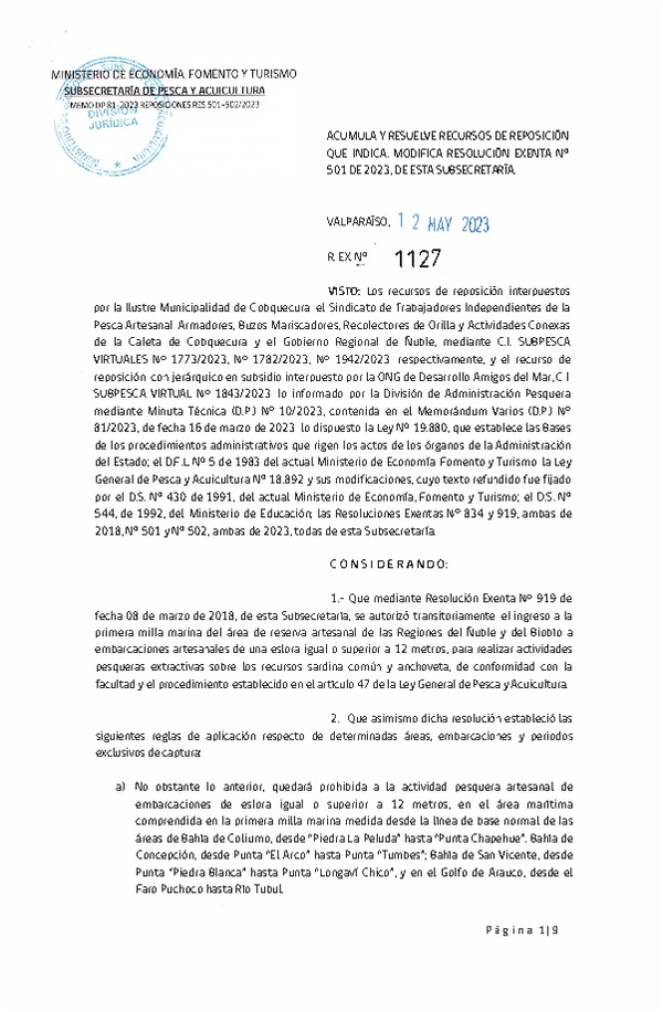 Res. Ex. N° 1127-2023 Acumula y Resuelve Recursos de Reposición que Indica. Modifica Res. Ex. N° 501-2023. (Publicado en Página Web 12-05-2023)